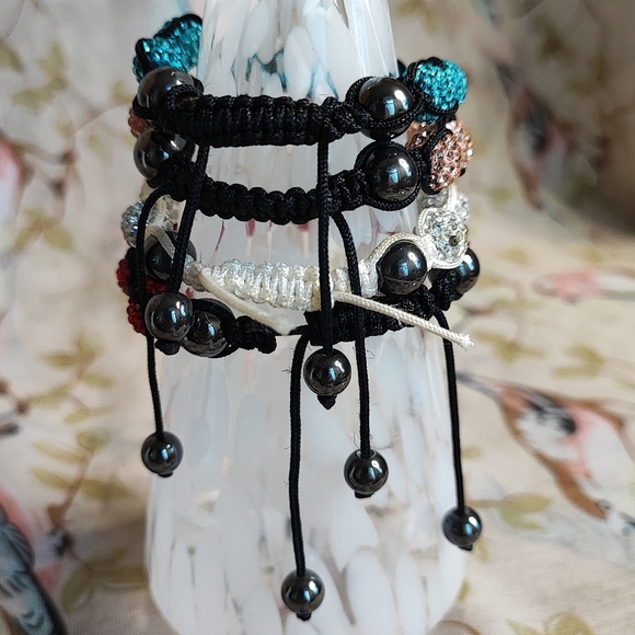 4 Adjustable White & Black Corded Rhinestone Hematite Slide Beaded Bracelets NEW - Picture 6 of 9